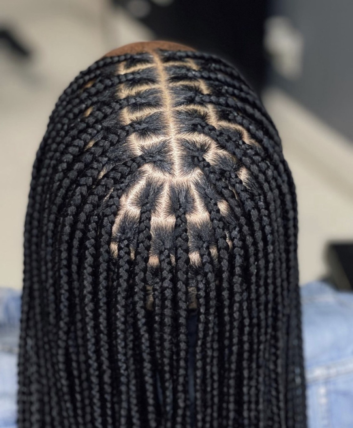 Top-down view of knotless box braids with neat, even grid partings, braided by Kaobell
